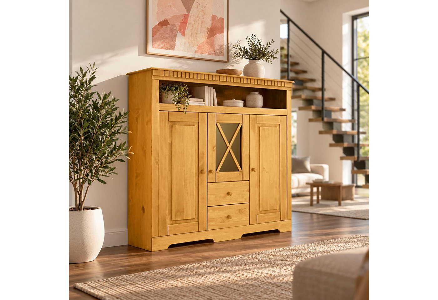 OTTO home Highboard Lisa, Stauraumschrank aus massivem Kiefernholz, mit dekorativen Fräsungen – Bild 2 von 3
