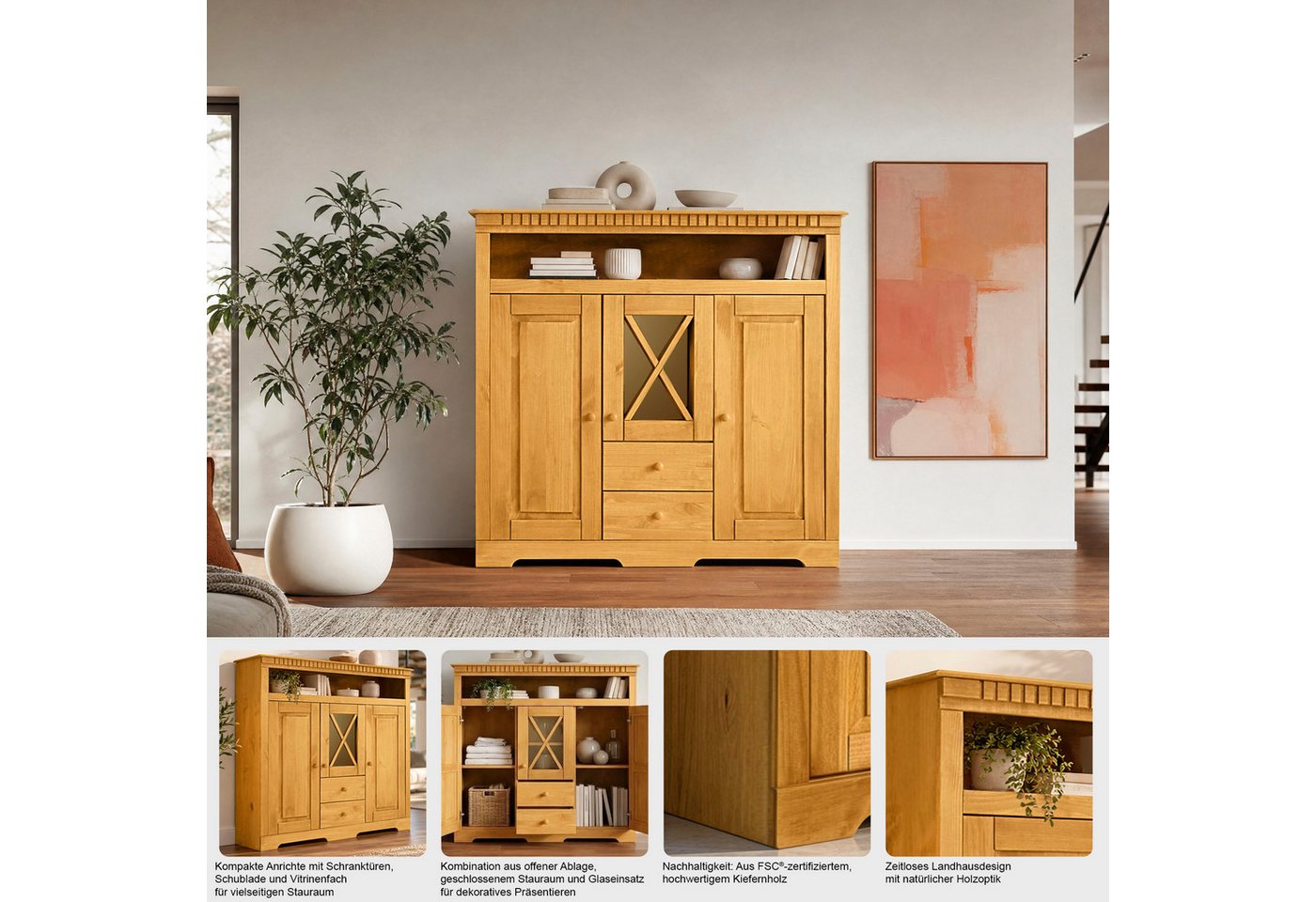 OTTO home Highboard Lisa, Stauraumschrank aus massivem Kiefernholz, mit dekorativen Fräsungen – Bild 3 von 3