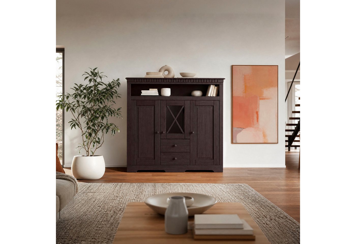 OTTO home Highboard Lisa, Stauraumschrank aus massivem Kiefernholz, mit dekorativen Fräsungen – Bild 2 von 5
