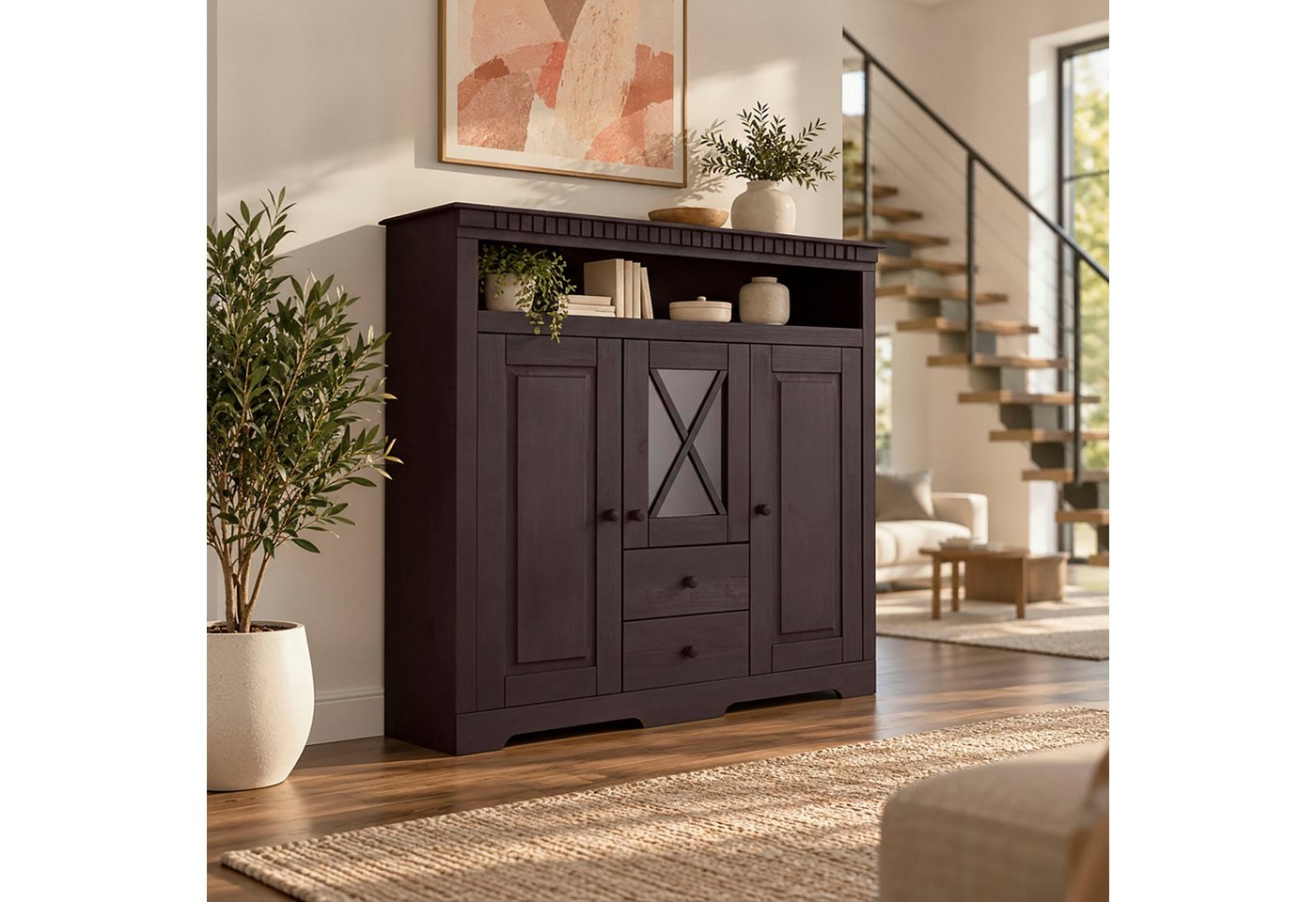 OTTO home Highboard Lisa, Stauraumschrank aus massivem Kiefernholz, mit dekorativen Fräsungen – Bild 4 von 5