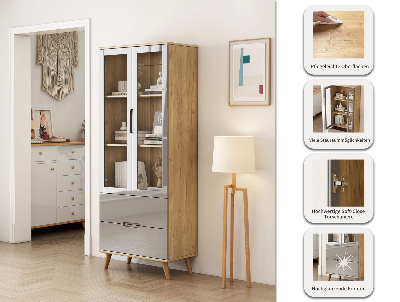 OTTO home Highboard Lund, mit glänzenden Fronten, Glastüren, helles Holzdekor, Breite 70 cm – Bild 3 von 5
