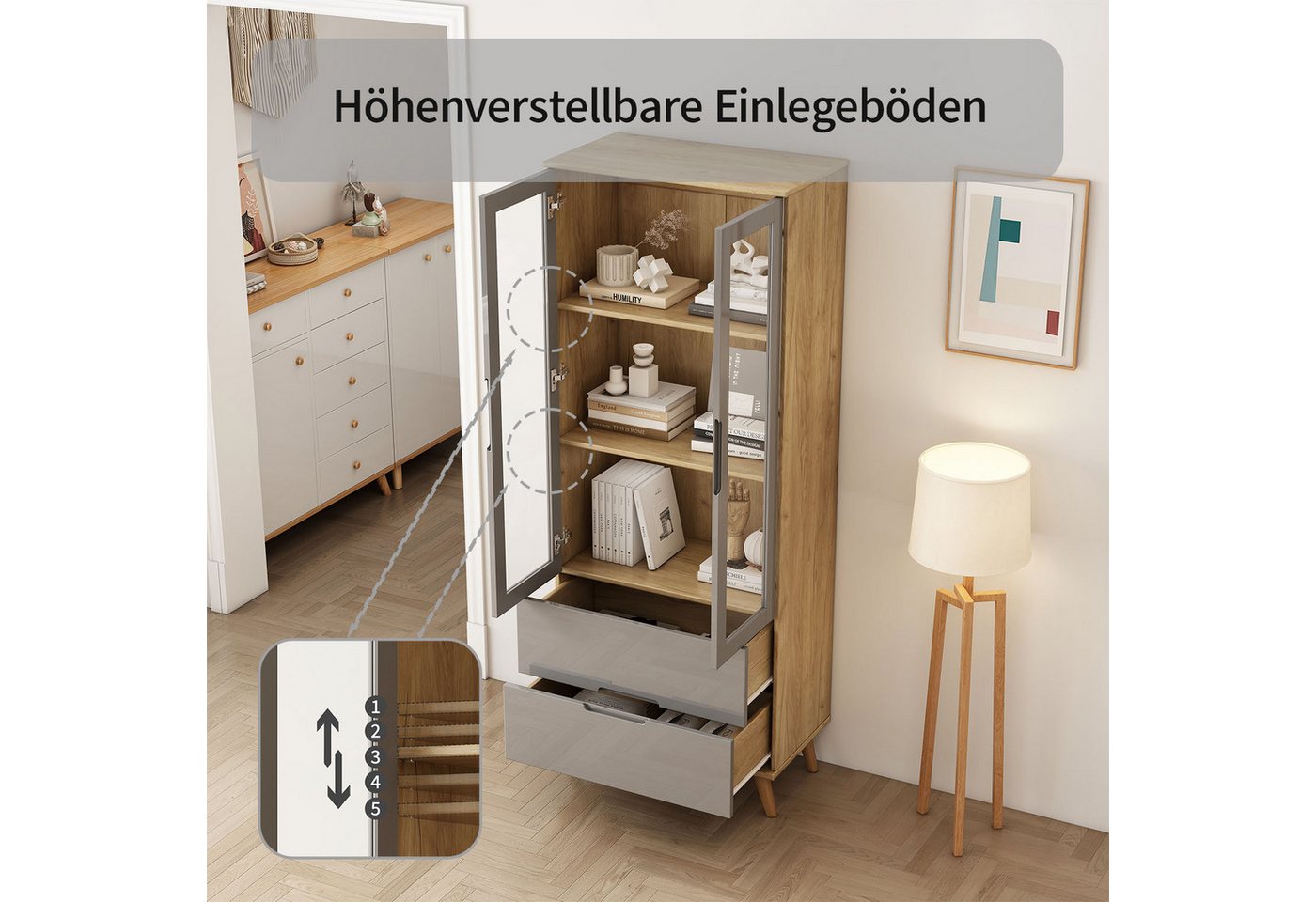 OTTO home Highboard Lund, mit glänzenden Fronten, Glastüren, helles Holzdekor, Breite 70 cm – Bild 4 von 5