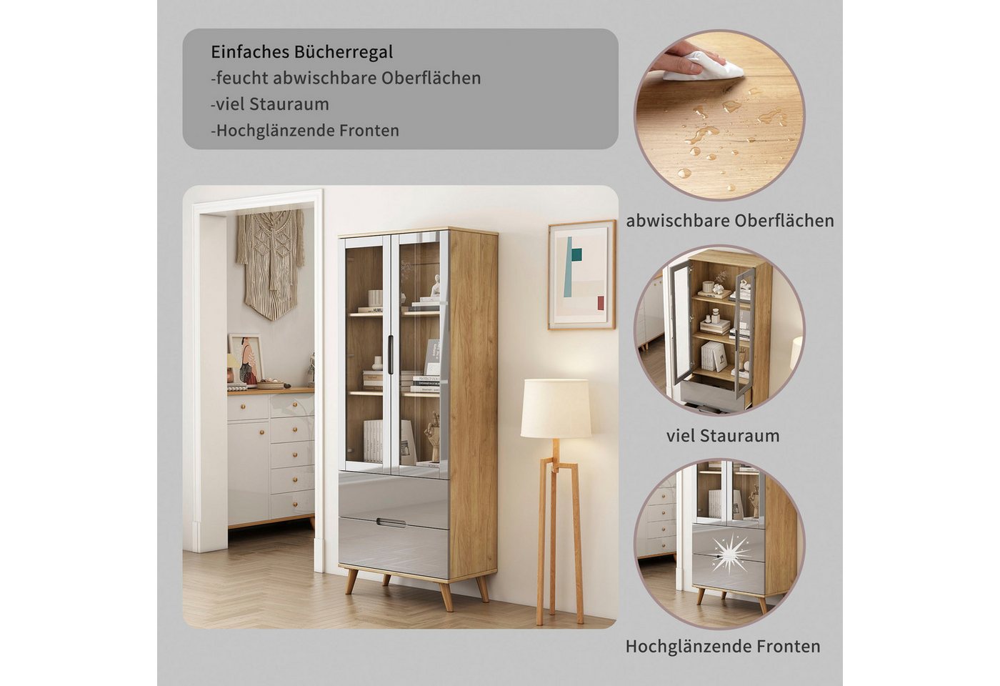 OTTO home Highboard Lund, mit glänzenden Fronten, Glastüren, helles Holzdekor, Breite 70 cm – Bild 5 von 5
