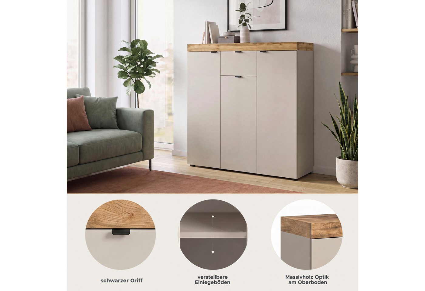 OTTO home Highboard MAMBO II, Breite 105cm, 3 Türen, 1 Schubkasten, 9 Fächer (1 St., 2-farbige Ausführung, in verschiedenen modernen Trendfarben erhältlich), Ko – Bild 3 von 5