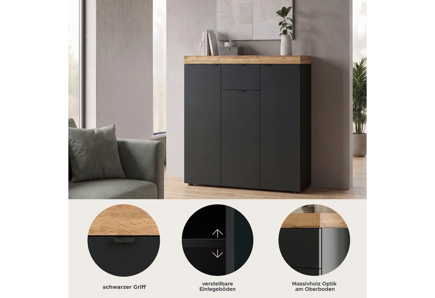 OTTO home Highboard MAMBO II, Breite 105cm, 3 Türen, 1 Schubkasten, 9 Fächer (1 St., 2-farbige Ausführung, in verschiedenen modernen Trendfarben erhältlich), Ko – Bild 3 von 5