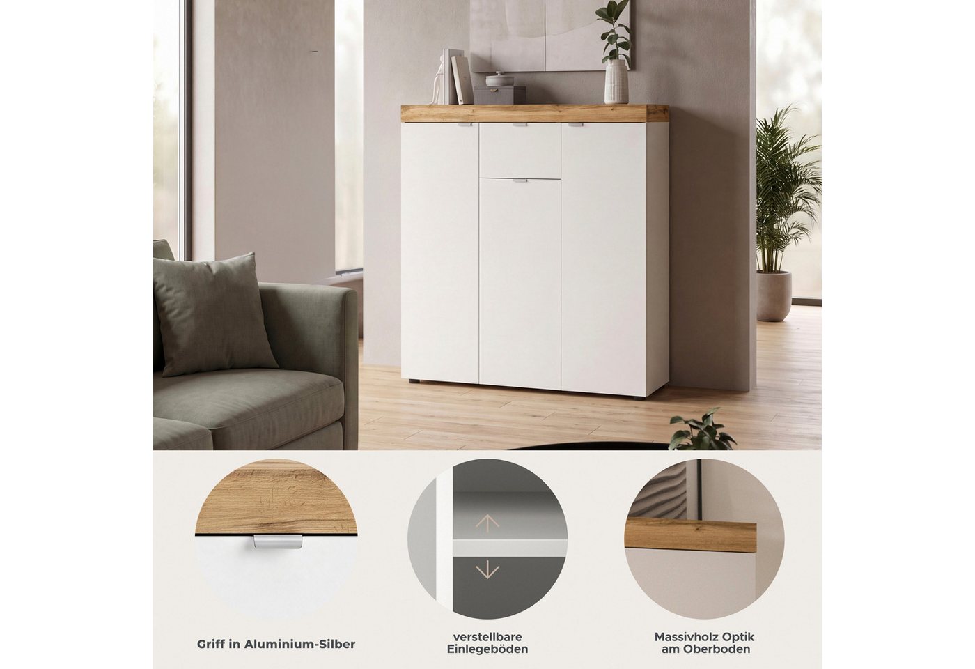 OTTO home Highboard MAMBO II, Breite 105cm, 3 Türen, 1 Schubkasten, 9 Fächer (1 St., 2-farbige Ausführung, in verschiedenen modernen Trendfarben erhältlich), Ko – Bild 3 von 5