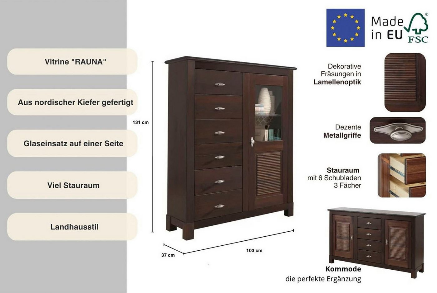 OTTO home Highboard Rauna, Vitrine, Breite 103 cm, FSC®-zertifiziertes Massivholz – Bild 3 von 5