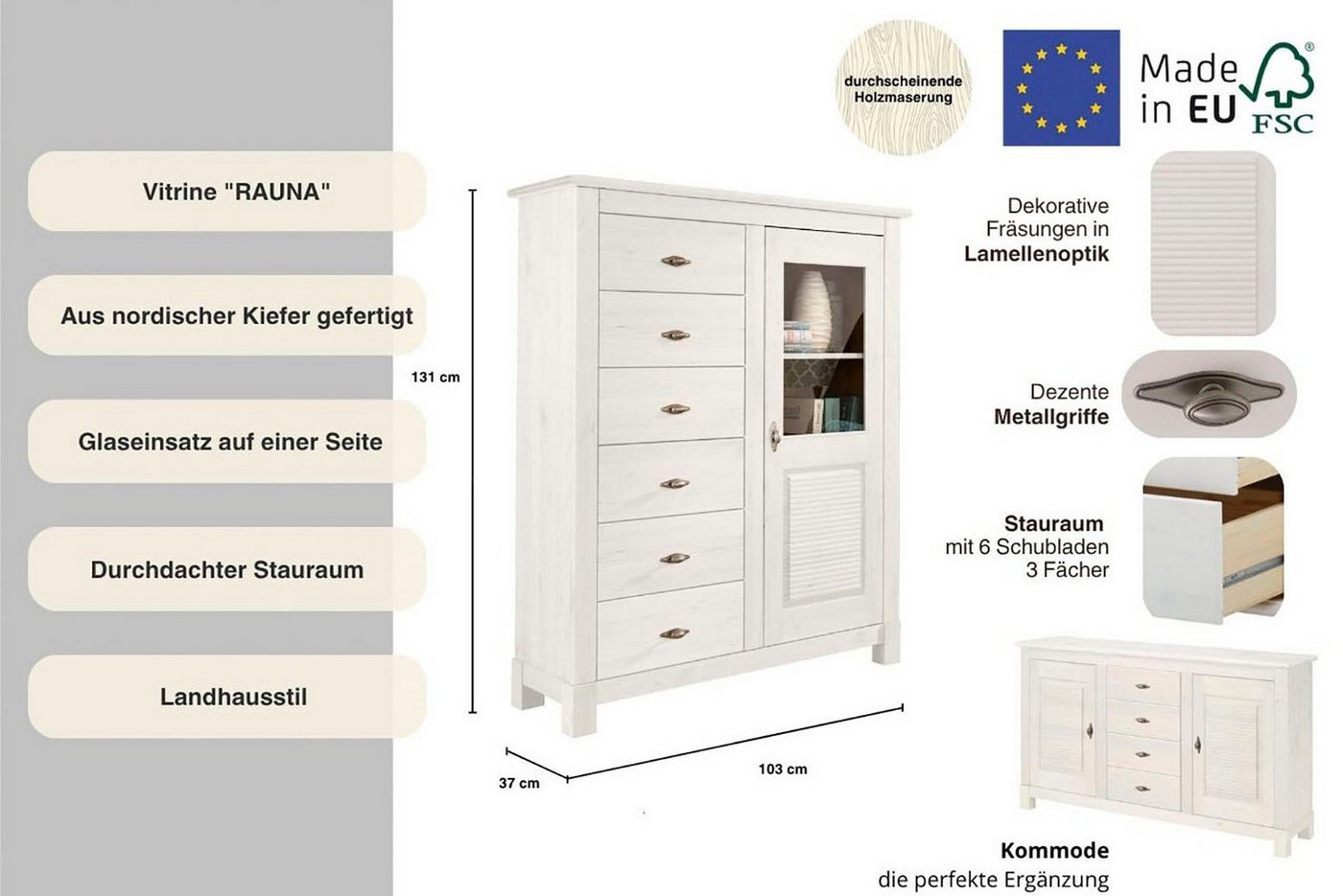 OTTO home Highboard Rauna, Vitrine, Breite 103 cm, FSC®-zertifiziertes Massivholz – Bild 3 von 5