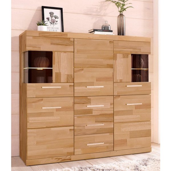 OTTO home Highboard Ribe,125cm breit,115cm hoch, Fronten Massivholz,5Türen,3 Schubladen, Holz massiv, Holzwerkstoff, Metall Griffe,10Fächer, Böden versetzbar