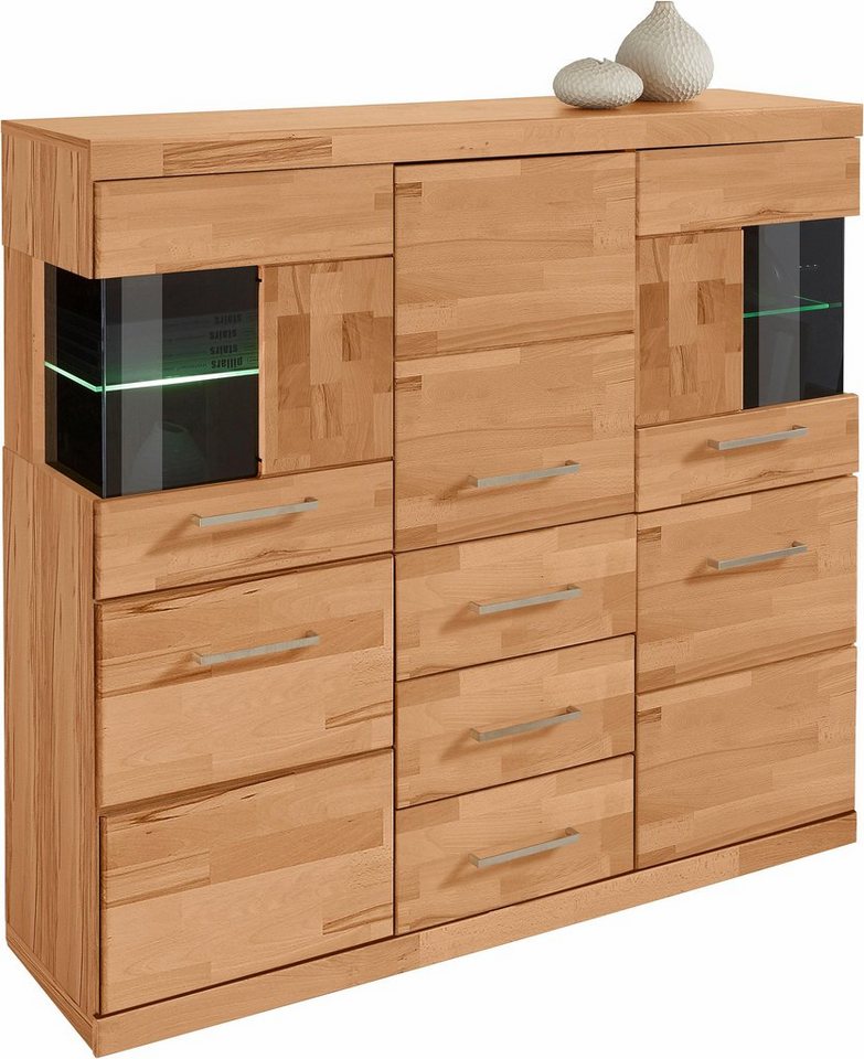 OTTO home Highboard Ribe,125cm breit,115cm hoch, Fronten Massivholz,5Türen,3 Schubladen, Holz massiv, Holzwerkstoff, Metall Griffe,10Fächer, Böden versetzbar – Bild 2 von 5