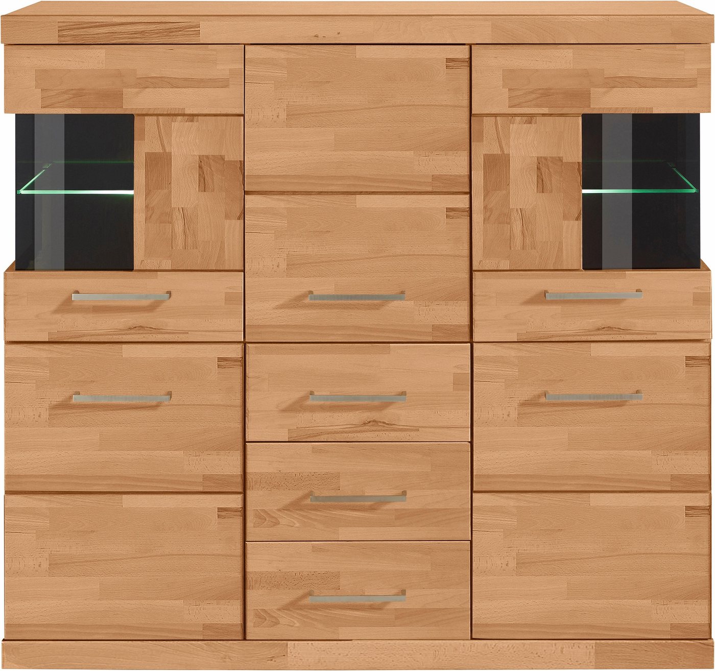 OTTO home Highboard Ribe,125cm breit,115cm hoch, Fronten Massivholz,5Türen,3 Schubladen, Holz massiv, Holzwerkstoff, Metall Griffe,10Fächer, Böden versetzbar – Bild 3 von 5