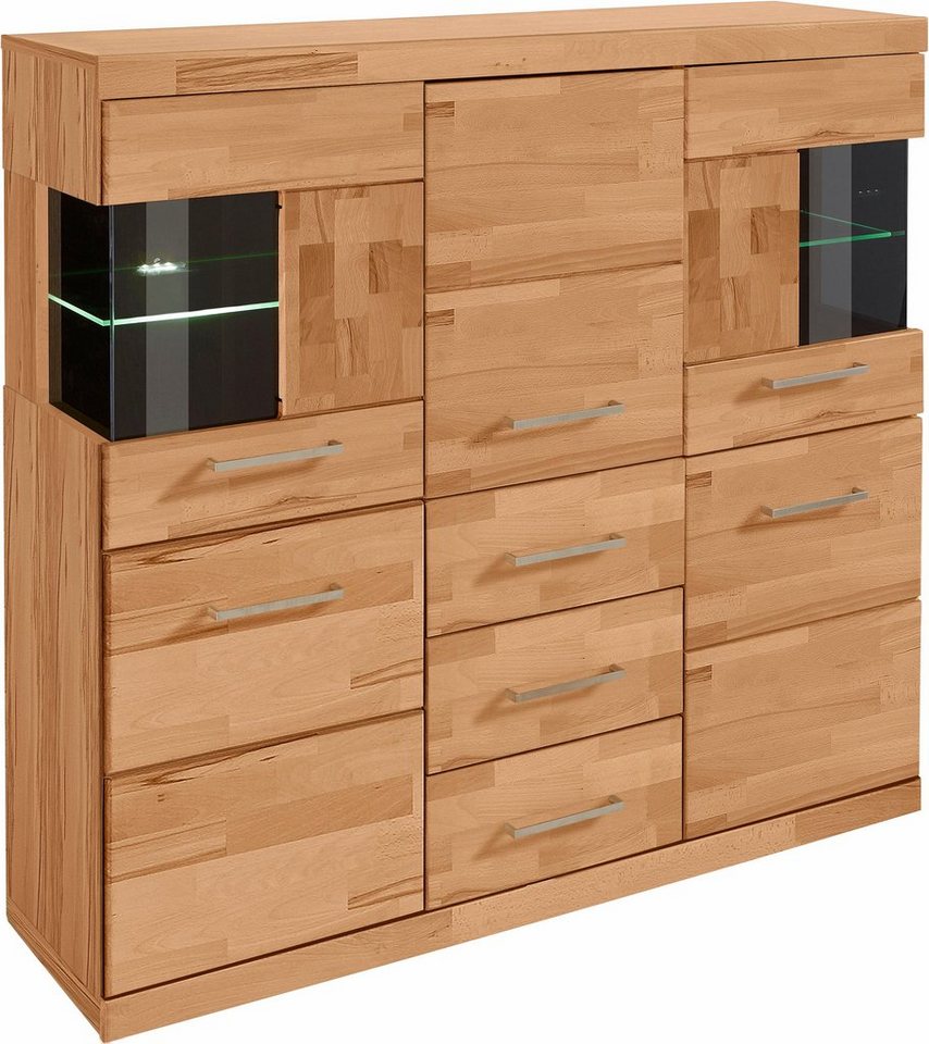 OTTO home Highboard Ribe,125cm breit,115cm hoch, Fronten Massivholz,5Türen,3 Schubladen, Holz massiv, Holzwerkstoff, Metall Griffe,10Fächer, Böden versetzbar – Bild 4 von 5