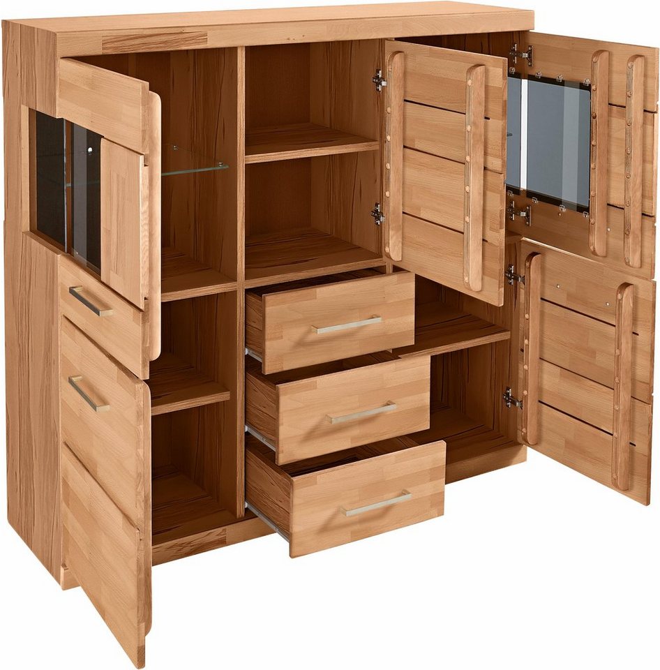 OTTO home Highboard Ribe,125cm breit,115cm hoch, Fronten Massivholz,5Türen,3 Schubladen, Holz massiv, Holzwerkstoff, Metall Griffe,10Fächer, Böden versetzbar – Bild 5 von 5