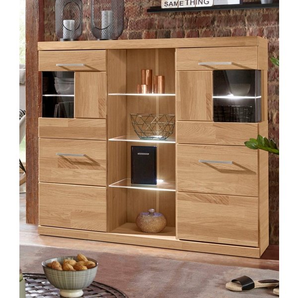 OTTO home Highboard Ribe,120cm breit,112cm hoch,Oberplatte massiv,12 Fächer, Holz massiv, Holzwerkstoff, Metall Griffe,2Türen mit Glaseinsatz