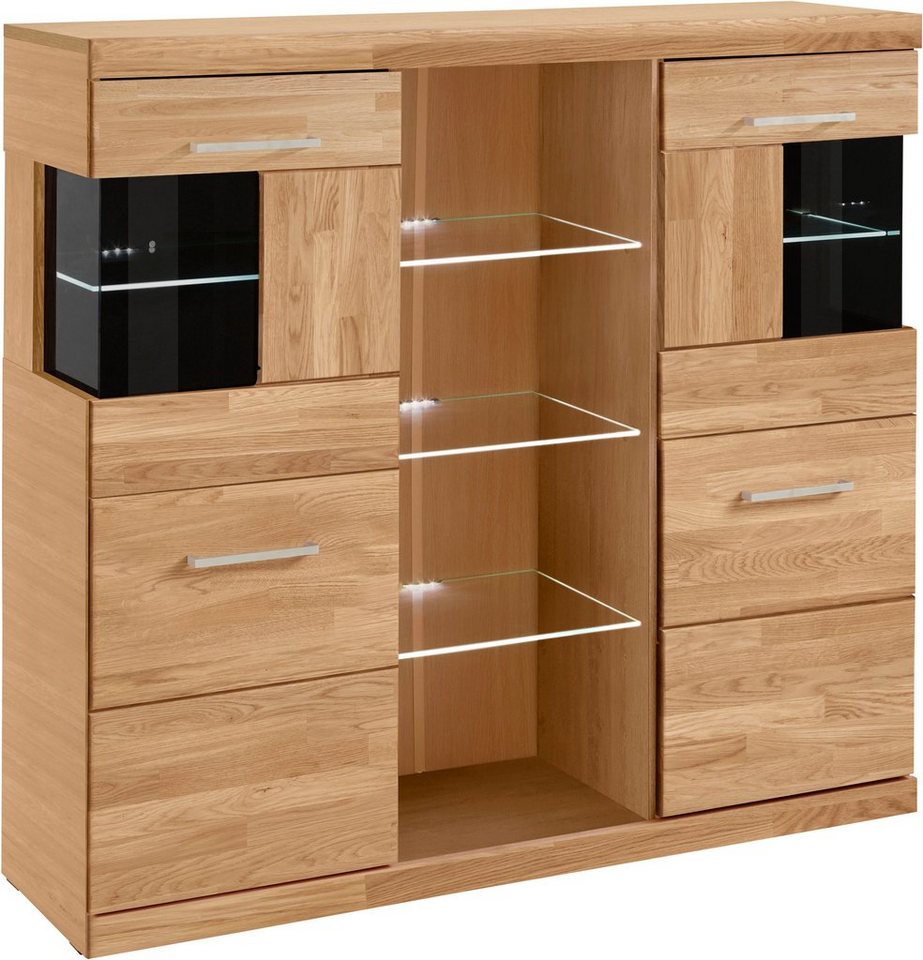 OTTO home Highboard Ribe,120cm breit,112cm hoch,Oberplatte massiv,12 Fächer, Holz massiv, Holzwerkstoff, Metall Griffe,2Türen mit Glaseinsatz – Bild 2 von 5