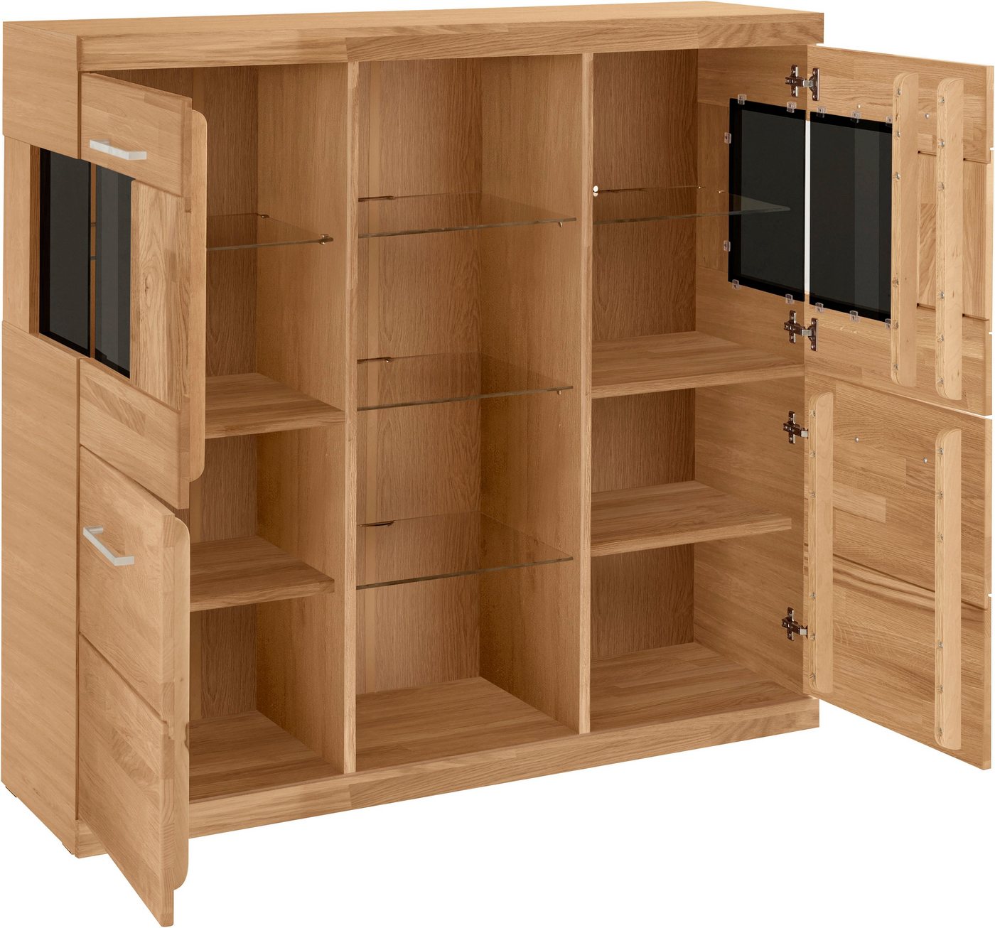 OTTO home Highboard Ribe,120cm breit,112cm hoch,Oberplatte massiv,12 Fächer, Holz massiv, Holzwerkstoff, Metall Griffe,2Türen mit Glaseinsatz – Bild 3 von 5