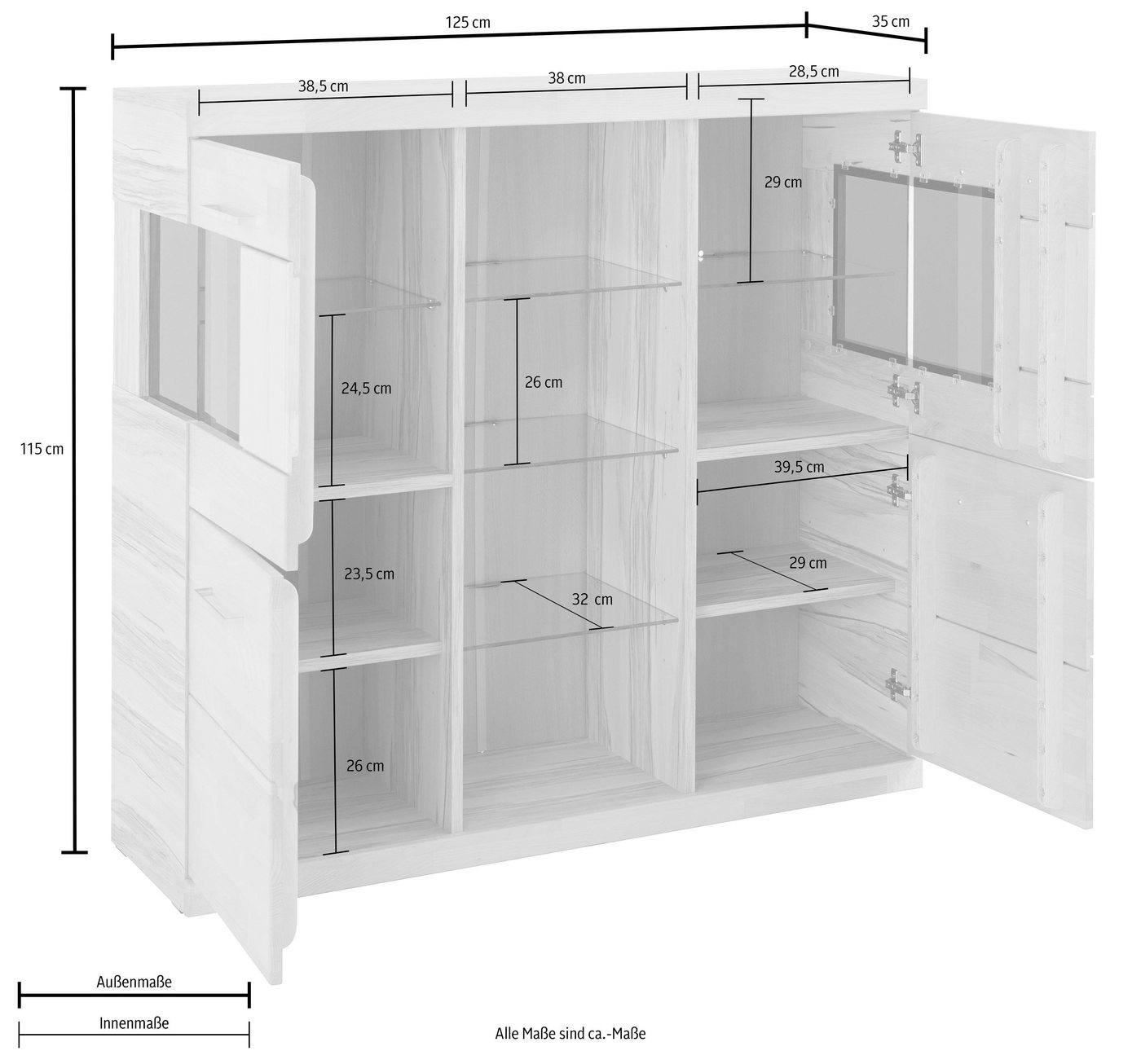 OTTO home Highboard Ribe,120cm breit,112cm hoch,Oberplatte massiv,12 Fächer, Holz massiv, Holzwerkstoff, Metall Griffe,2Türen mit Glaseinsatz – Bild 5 von 5