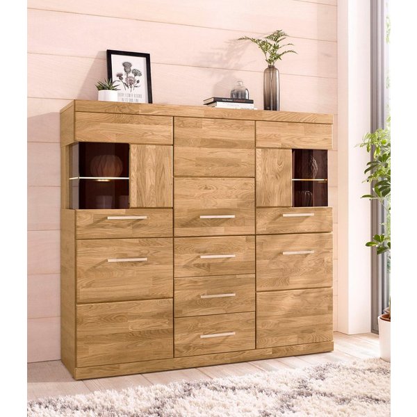 OTTO home Highboard Ribe,125cm breit,115cm hoch, Fronten Massivholz,5Türen,3 Schubladen, Holz massiv, Holzwerkstoff, Metall Griffe,10Fächer, Böden versetzbar