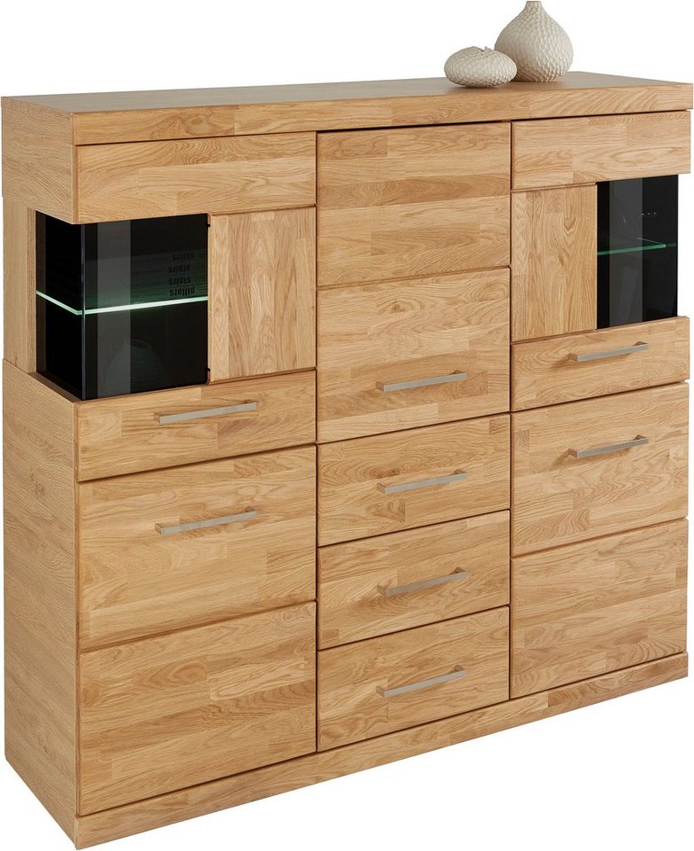 OTTO home Highboard Ribe,125cm breit,115cm hoch, Fronten Massivholz,5Türen,3 Schubladen, Holz massiv, Holzwerkstoff, Metall Griffe,10Fächer, Böden versetzbar – Bild 2 von 5