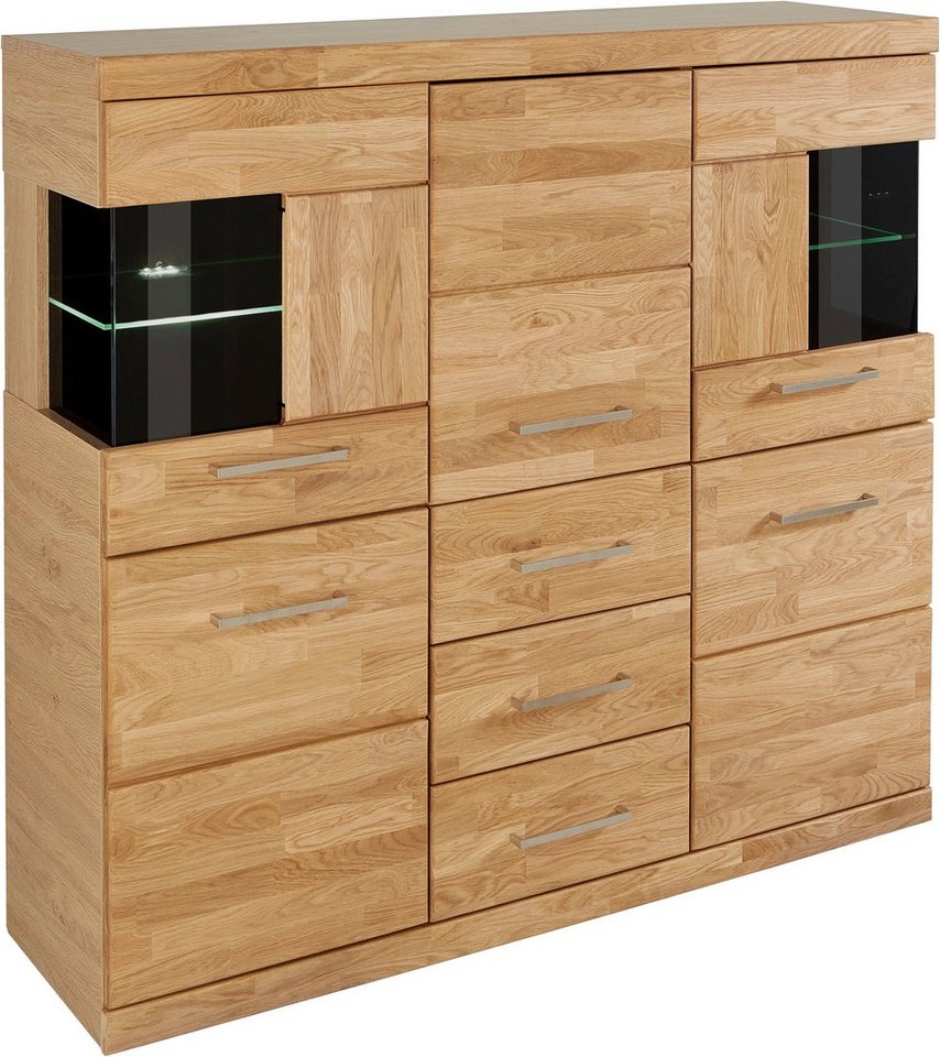 OTTO home Highboard Ribe,125cm breit,115cm hoch, Fronten Massivholz,5Türen,3 Schubladen, Holz massiv, Holzwerkstoff, Metall Griffe,10Fächer, Böden versetzbar – Bild 4 von 5