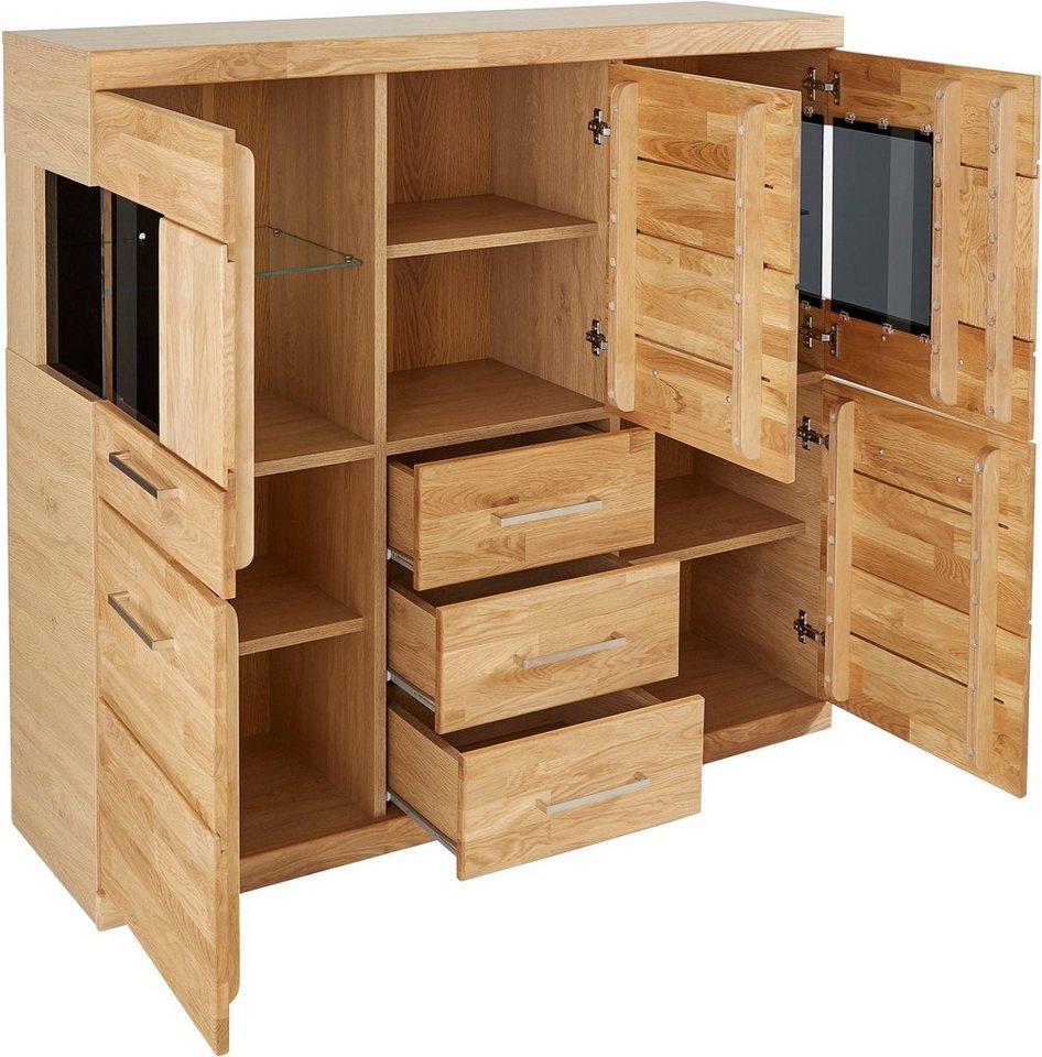 OTTO home Highboard Ribe,125cm breit,115cm hoch, Fronten Massivholz,5Türen,3 Schubladen, Holz massiv, Holzwerkstoff, Metall Griffe,10Fächer, Böden versetzbar – Bild 5 von 5