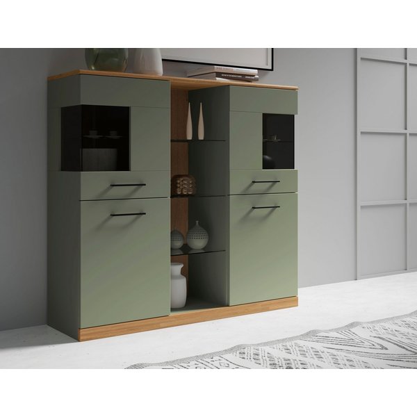 OTTO home Highboard Ribe,120cm breit,112cm hoch,Oberplatte massiv,12 Fächer, Eiche massiv,Melamin Salbeigrün,schwarze Metall Griffe,Türen mit Glass