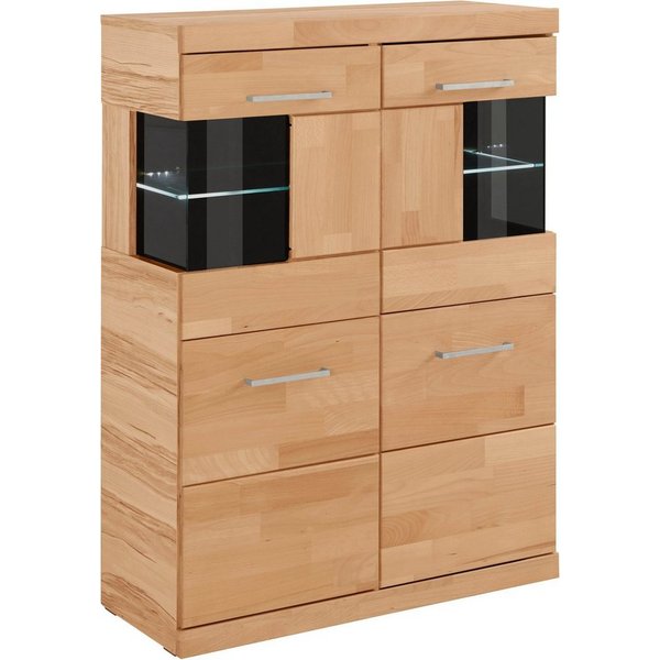OTTO home Highboard Ribe,85cm breit,115cm hoch, Fronten Massivholz,4 breite Fächer, Korpus Holzwerkstoff,2Türen mit Glaseinsatz, Böden versetzbar
