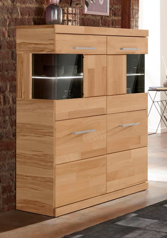 OTTO home Highboard Ribe,85cm breit,115cm hoch, Fronten Massivholz,4 breite Fächer, Korpus Holzwerkstoff,2Türen mit Glaseinsatz, Böden versetzbar – Bild 2 von 5