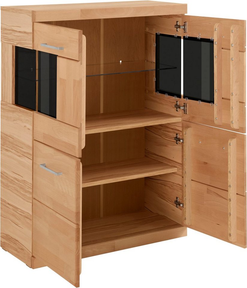 OTTO home Highboard Ribe,85cm breit,115cm hoch, Fronten Massivholz,4 breite Fächer, Korpus Holzwerkstoff,2Türen mit Glaseinsatz, Böden versetzbar – Bild 3 von 5