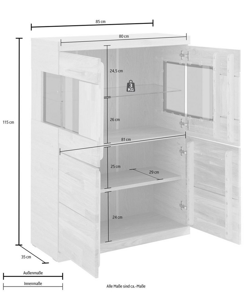 OTTO home Highboard Ribe,85cm breit,115cm hoch, Fronten Massivholz,4 breite Fächer, Korpus Holzwerkstoff,2Türen mit Glaseinsatz, Böden versetzbar – Bild 4 von 5