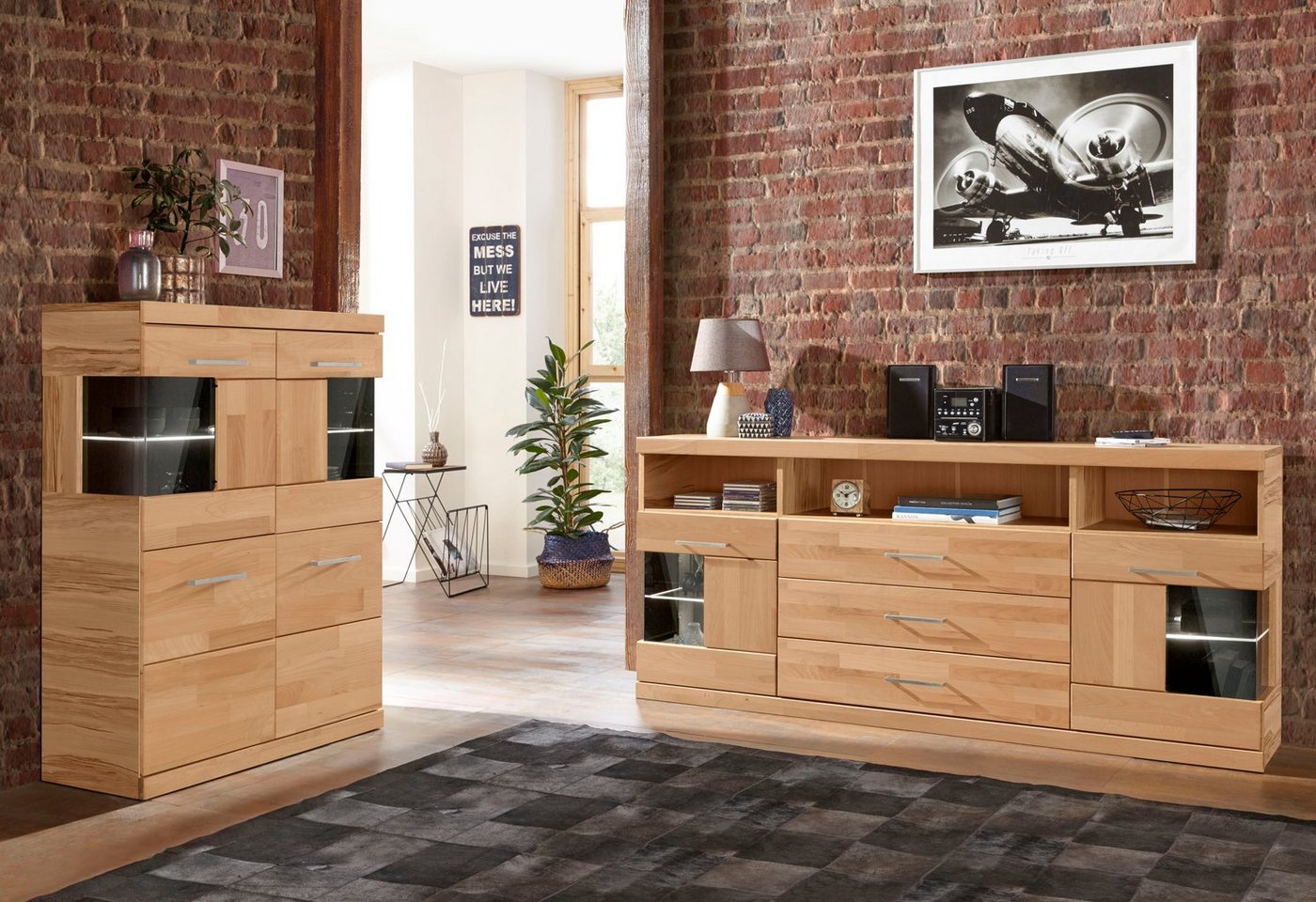 OTTO home Highboard Ribe,85cm breit,115cm hoch, Fronten Massivholz,4 breite Fächer, Korpus Holzwerkstoff,2Türen mit Glaseinsatz, Böden versetzbar – Bild 5 von 5