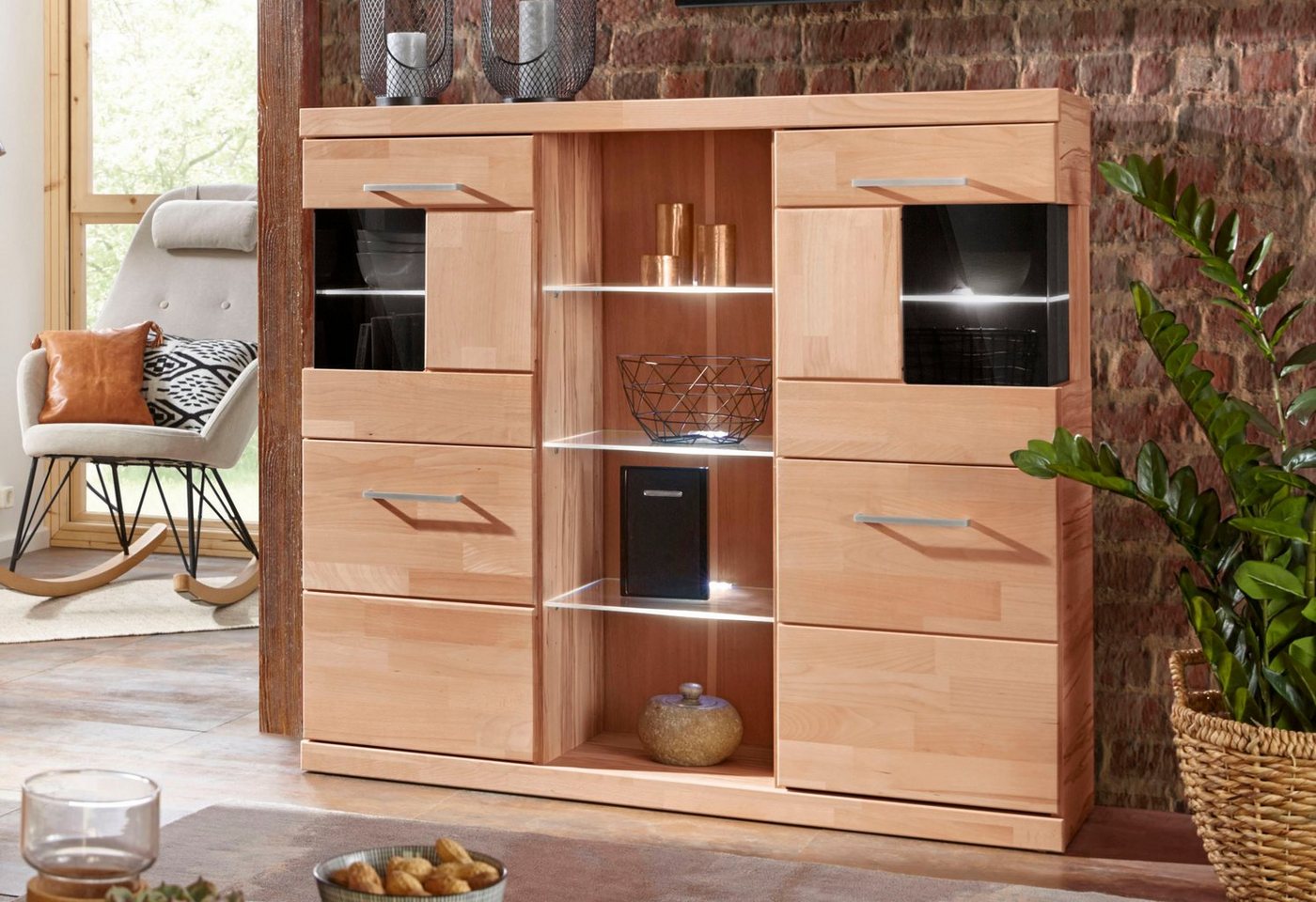 OTTO home Highboard Ribe,120cm breit,112cm hoch,Oberplatte massiv,12 Fächer, Holz massiv, Holzwerkstoff, Metall Griffe,2Türen mit Glaseinsatz – Bild 2 von 5