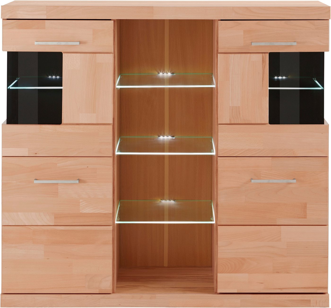 OTTO home Highboard Ribe,120cm breit,112cm hoch,Oberplatte massiv,12 Fächer, Holz massiv, Holzwerkstoff, Metall Griffe,2Türen mit Glaseinsatz – Bild 3 von 5