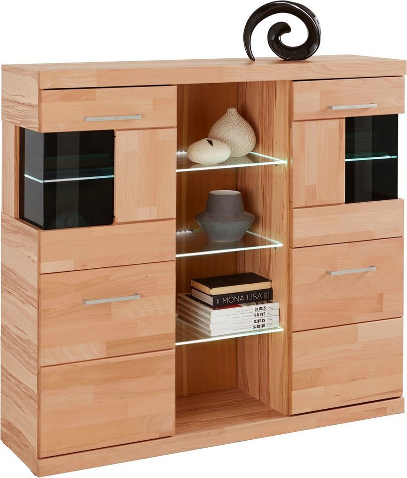 OTTO home Highboard Ribe,120cm breit,112cm hoch,Oberplatte massiv,12 Fächer, Holz massiv, Holzwerkstoff, Metall Griffe,2Türen mit Glaseinsatz – Bild 4 von 5
