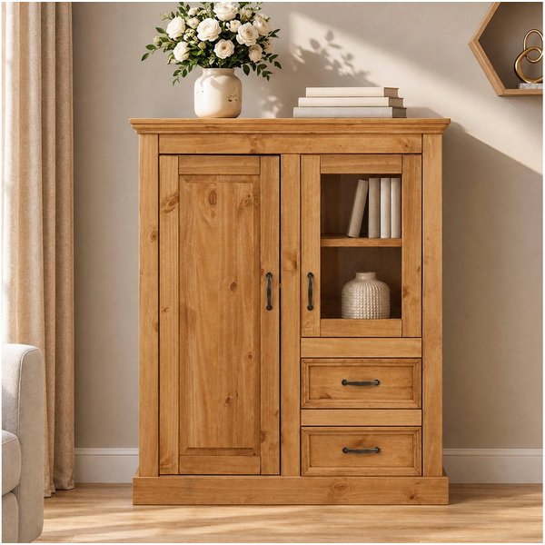 OTTO home Highboard Selma Vitrine mit 2 Türen, eine davon mit Glaseinsatz und 2 Schubläden, aus massivem Kiefernholz, mit einer natürliche Maserung, Metallgriff