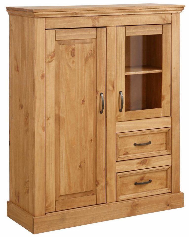 OTTO home Highboard Selma Vitrine mit 2 Türen, eine davon mit Glaseinsatz und 2 Schubläden, aus massivem Kiefernholz, mit einer natürliche Maserung, Metallgriff – Bild 2 von 5