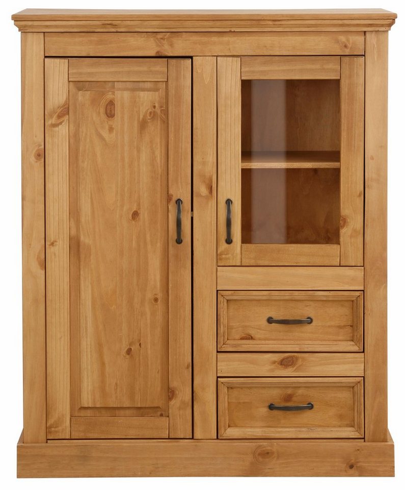 OTTO home Highboard Selma Vitrine mit 2 Türen, eine davon mit Glaseinsatz und 2 Schubläden, aus massivem Kiefernholz, mit einer natürliche Maserung, Metallgriff – Bild 4 von 5