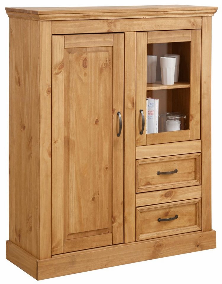 OTTO home Highboard Selma Vitrine mit 2 Türen, eine davon mit Glaseinsatz und 2 Schubläden, aus massivem Kiefernholz, mit einer natürliche Maserung, Metallgriff – Bild 5 von 5