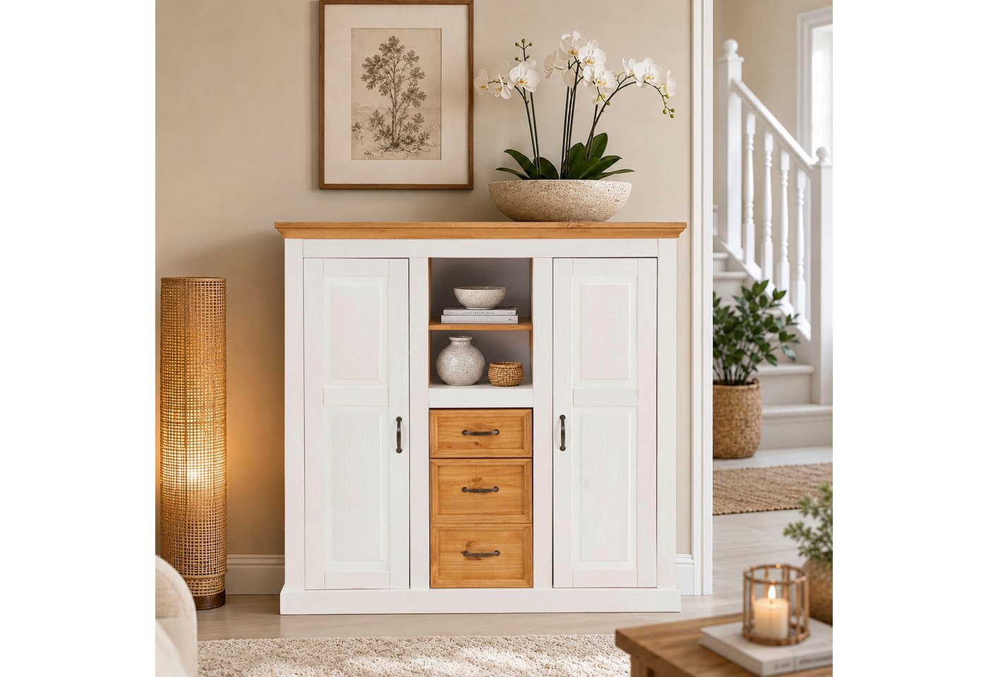 OTTO home Highboard Selma Kommode mit 2 Türen, 3 Schubläden und 8 Fächer, Metallgriffe, massives Kiefernholz, natürliche Maserung & Metallgriffe, 130cm breit – Bild 2 von 5