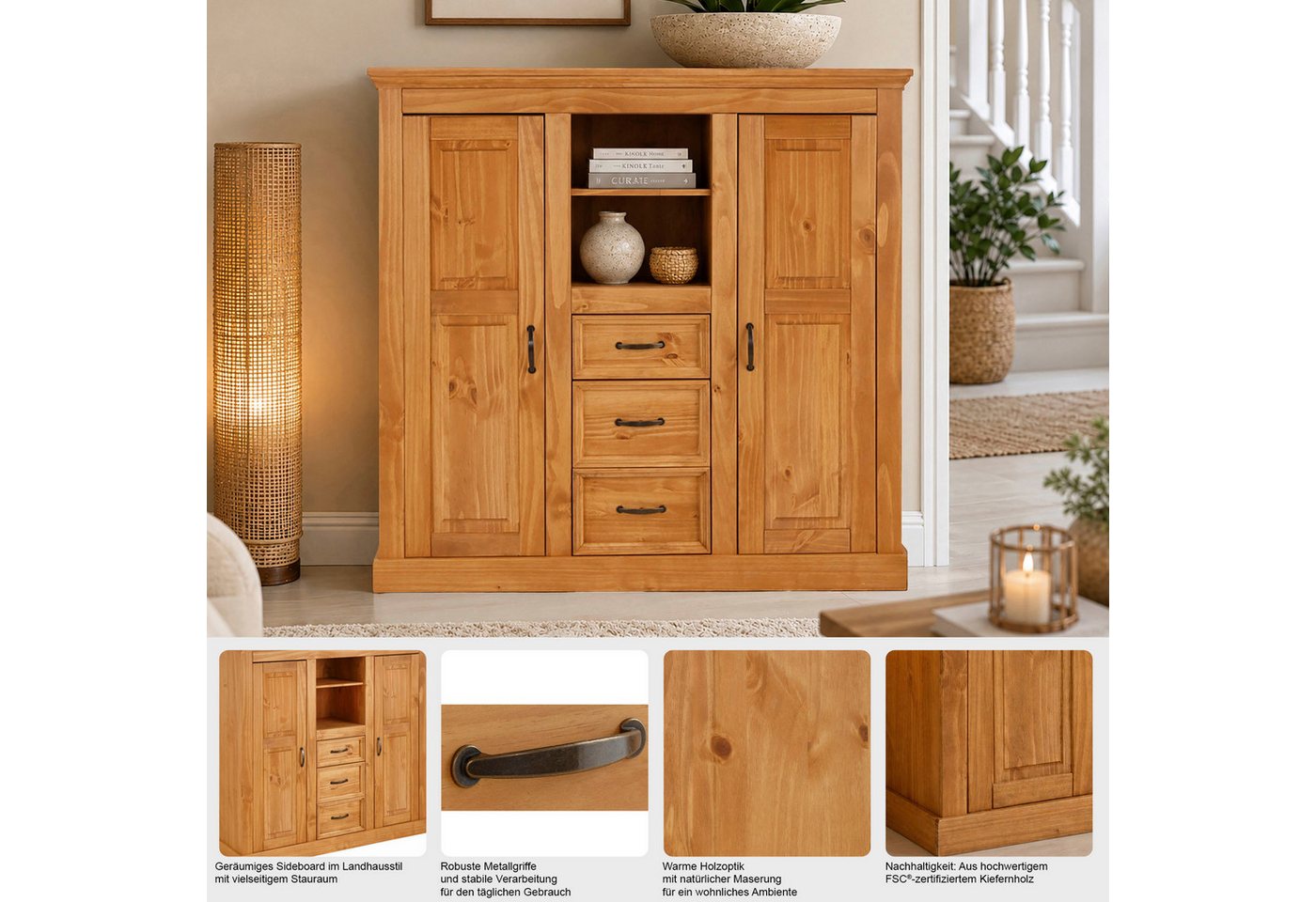 OTTO home Highboard Selma Kommode mit 2 Türen, 3 Schubläden und 8 Fächer, Metallgriffe, massives Kiefernholz, natürliche Maserung & Metallgriffe, 130cm breit – Bild 3 von 5