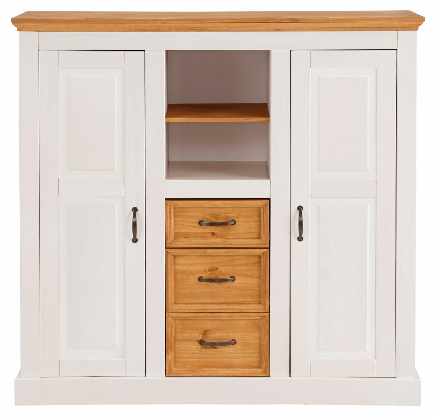 OTTO home Highboard Selma Kommode mit 2 Türen, 3 Schubläden und 8 Fächer, Metallgriffe, massives Kiefernholz, natürliche Maserung & Metallgriffe, 130cm breit – Bild 4 von 5