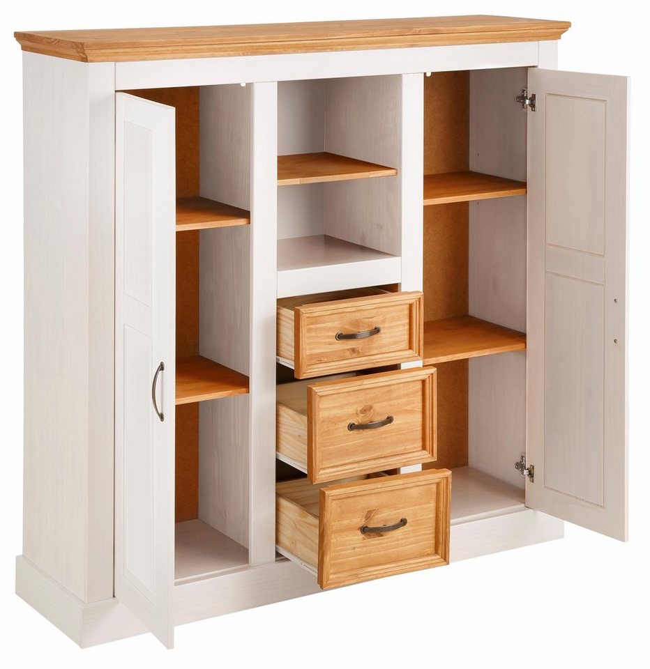 OTTO home Highboard Selma Kommode mit 2 Türen, 3 Schubläden und 8 Fächer, Metallgriffe, massives Kiefernholz, natürliche Maserung & Metallgriffe, 130cm breit – Bild 5 von 5