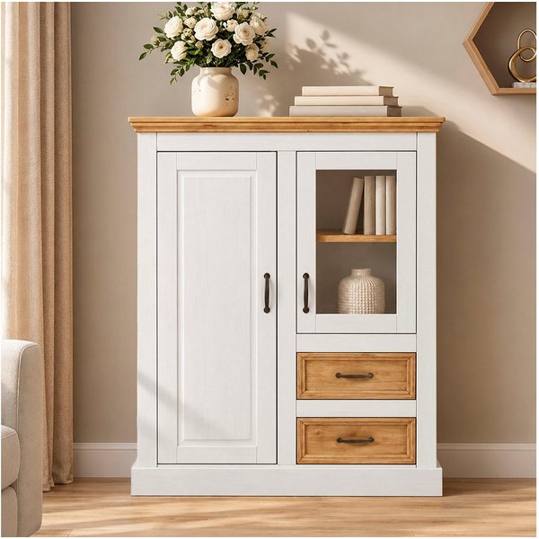 OTTO home Highboard Selma Vitrine mit 2 Türen, eine davon mit Glaseinsatz und 2 Schubläden, aus massivem Kiefernholz, mit einer natürliche Maserung, Metallgriff