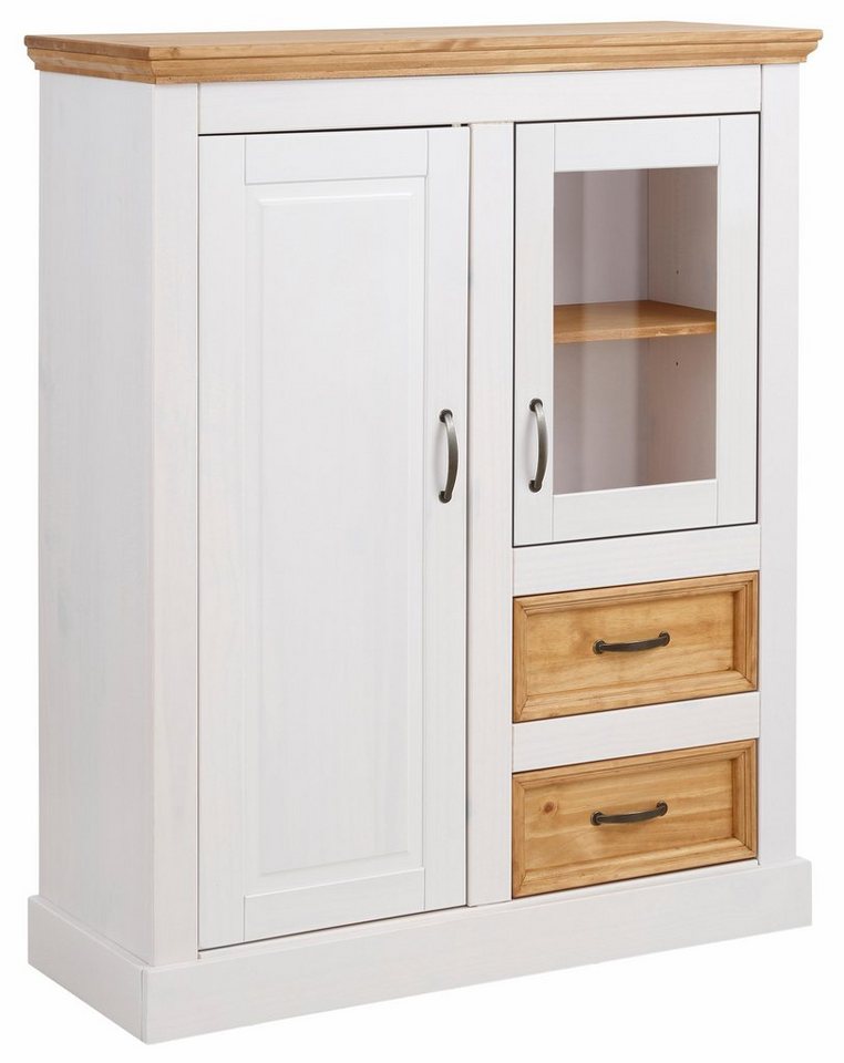 OTTO home Highboard Selma Vitrine mit 2 Türen, eine davon mit Glaseinsatz und 2 Schubläden, aus massivem Kiefernholz, mit einer natürliche Maserung, Metallgriff – Bild 2 von 5