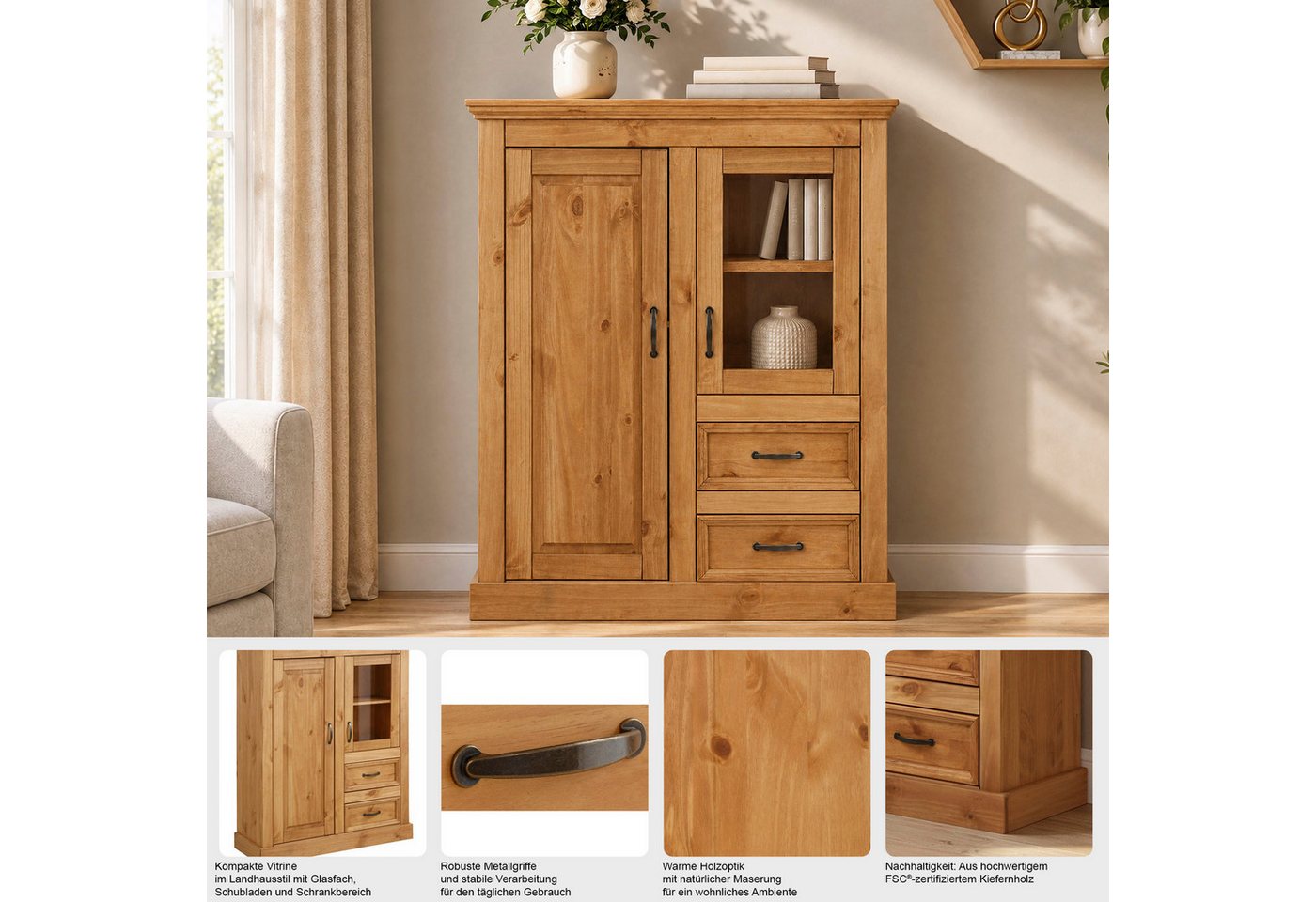 OTTO home Highboard Selma Vitrine mit 2 Türen, eine davon mit Glaseinsatz und 2 Schubläden, aus massivem Kiefernholz, mit einer natürliche Maserung, Metallgriff – Bild 3 von 5