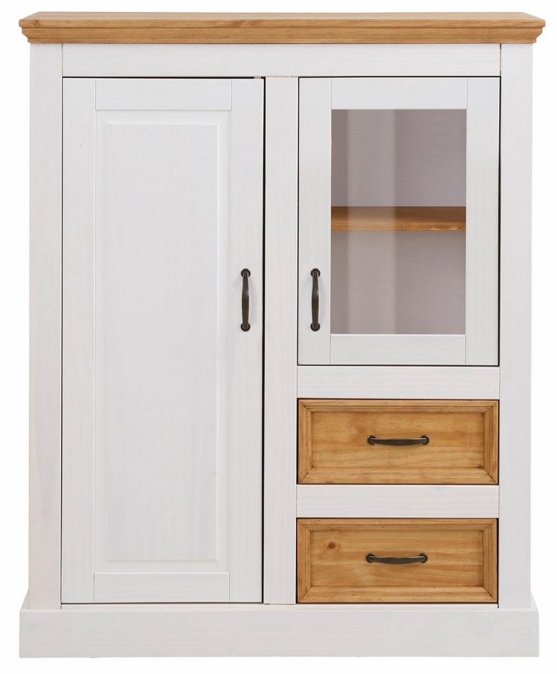 OTTO home Highboard Selma Vitrine mit 2 Türen, eine davon mit Glaseinsatz und 2 Schubläden, aus massivem Kiefernholz, mit einer natürliche Maserung, Metallgriff – Bild 4 von 5