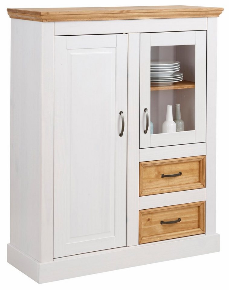 OTTO home Highboard Selma Vitrine mit 2 Türen, eine davon mit Glaseinsatz und 2 Schubläden, aus massivem Kiefernholz, mit einer natürliche Maserung, Metallgriff – Bild 5 von 5
