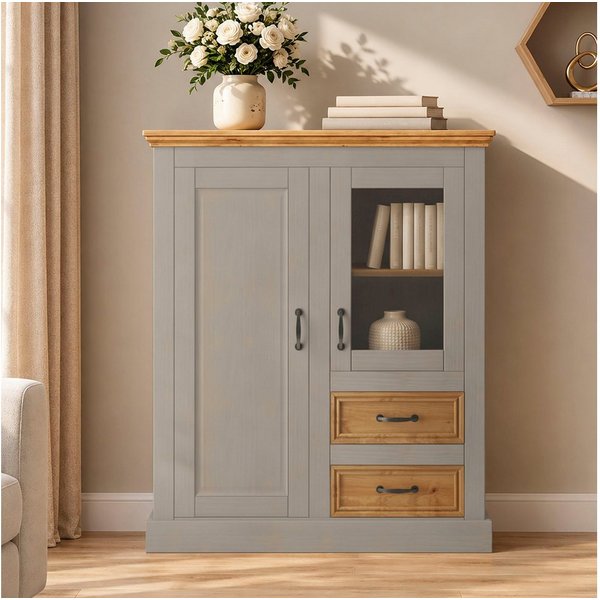OTTO home Highboard Selma Vitrine mit 2 Türen, eine davon mit Glaseinsatz und 2 Schubläden, aus massivem Kiefernholz, mit einer natürliche Maserung, Metallgriff