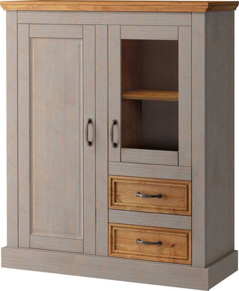 OTTO home Highboard Selma Vitrine mit 2 Türen, eine davon mit Glaseinsatz und 2 Schubläden, aus massivem Kiefernholz, mit einer natürliche Maserung, Metallgriff – Bild 2 von 5