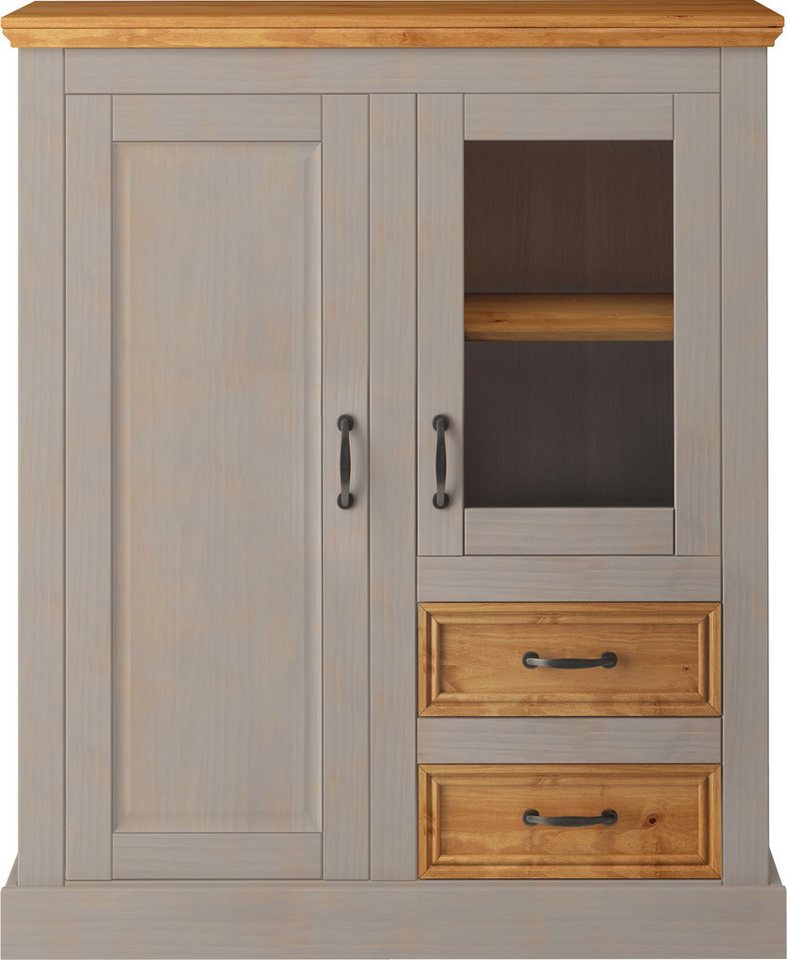 OTTO home Highboard Selma Vitrine mit 2 Türen, eine davon mit Glaseinsatz und 2 Schubläden, aus massivem Kiefernholz, mit einer natürliche Maserung, Metallgriff – Bild 4 von 5